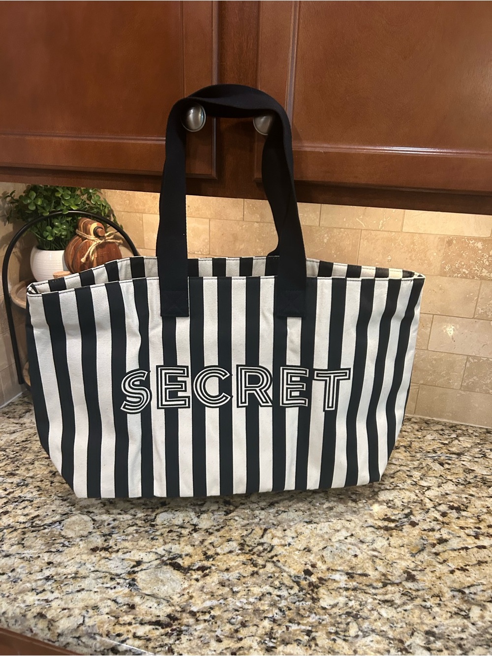 Victoria's Secret Black & White Striped Tote with 'SECRET' Logo